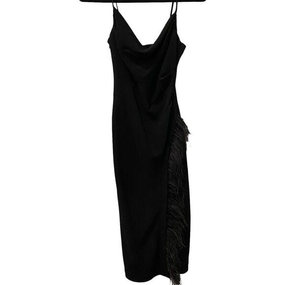Derek Lam 10 Crosby Nellie Black Cowl Neck Feather Trim Midi Dress Size 2 NWT - Picture 4 of 11